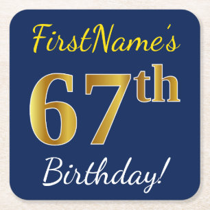 Blauw, Faux Gold 67th Birthday + Eigen naam Vierkante Kartonnen Onderzetter