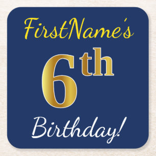 Blauw, Faux Gold 6th Birthday + Aangepaste naam Vierkante Kartonnen Onderzetter