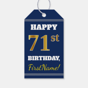 Blauw, Faux Gold 71st Birthday + Aangepaste naam Cadeaulabel