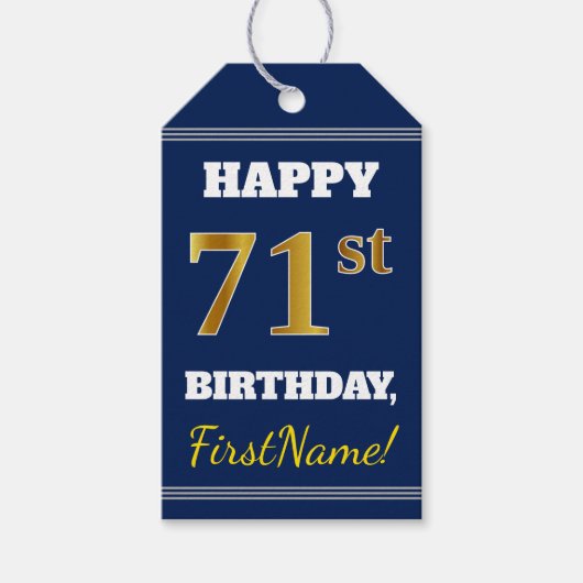 Blauw, Faux Gold 71st Birthday + Aangepaste naam Cadeaulabel (Voorkant)