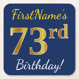 Blauw, Faux Gold 73rd Birthday + Aangepaste naam Vierkante Kartonnen Onderzetter