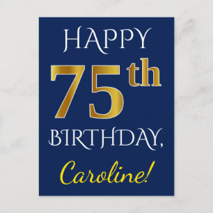 Blauw, Faux Gold 75e verjaardag + aangepaste naam Briefkaart