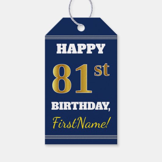 Blauw, Faux Gold 81st Birthday + Aangepaste naam Cadeaulabel (Voorkant)