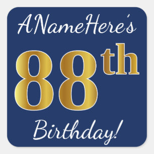 Blauw, Faux Gold 88th Birthday + Eigen naam Vierkante Sticker