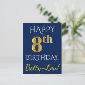 Blauw, Faux Gold 8th Birthday + Eigen naam Briefkaart (Staand voorkant)