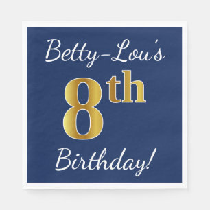 Blauw, Faux Gold 8th Birthday + Eigen naam Servetten