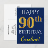 Blauw, Faux Gold 90ste verjaardag + aangepaste naa Briefkaart (Voorkant / Achterkant)