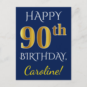 Blauw, Faux Gold 90th Birthday + Aangepaste naam Briefkaart
