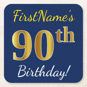 Blauw, Faux Gold 90th Birthday + Aangepaste naam Vierkante Kartonnen Onderzetter