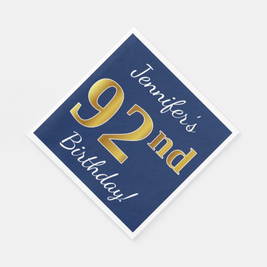 Blauw, Faux Gold 92e verjaardag + Aangepaste naam Servetten (Hoek)
