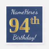 Blauw, Faux Gold 94e verjaardag + aangepaste naam Servetten (Voorkant)