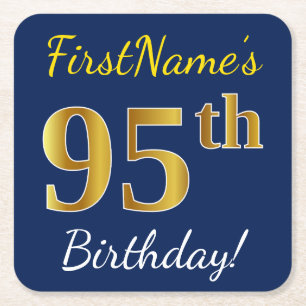 Blauw, Faux Gold 95th Birthday + Eigen naam Vierkante Kartonnen Onderzetter