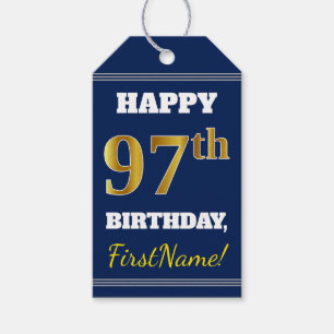 Blauw, Faux Gold 97th Birthday + Eigen naam Cadeaulabel