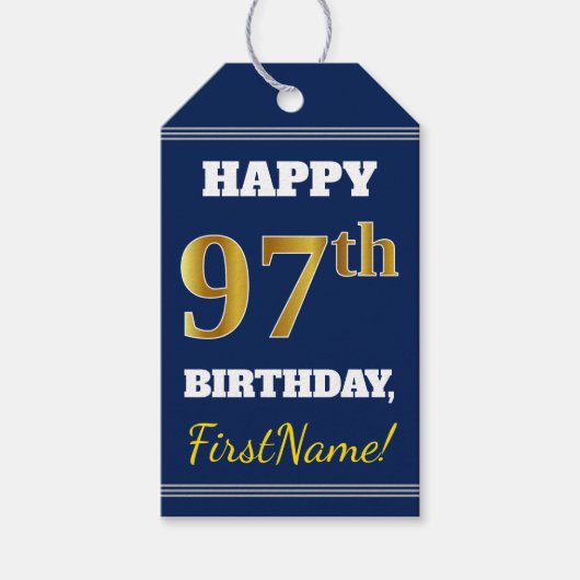 Blauw, Faux Gold 97th Birthday + Eigen naam Cadeaulabel (Voorkant)