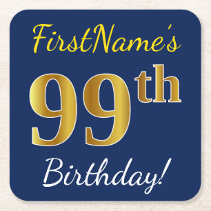 Blauw, Faux Gold 99th Birthday + Eigen naam Vierkante Kartonnen Onderzetter