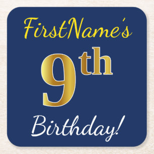 Blauw, Faux Gold 9th Birthday + Eigen naam Vierkante Kartonnen Onderzetter