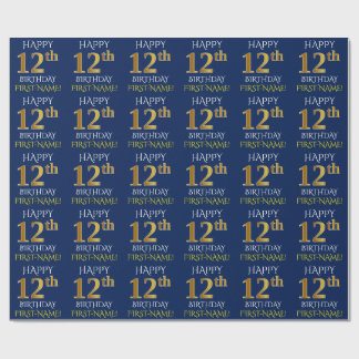 Blauw, Faux Gold "HAPPY 12th BIRTHDAY" Cadeaupapier