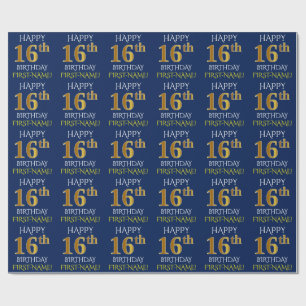 Blauw, Faux Gold "HAPPY 16th BIRTHDAY" Cadeaupapier