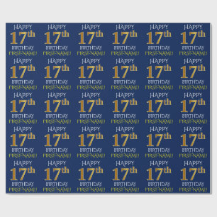 Blauw, Faux Gold "HAPPY 17th BIRTHDAY" Cadeaupapier