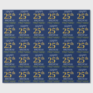 Blauw, Faux Gold "HAPPY 25th BIRTHDAY" Cadeaupapier