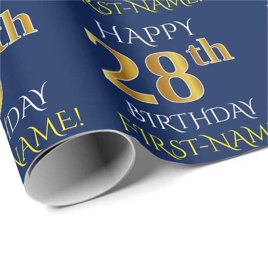 Blauw, Faux Gold "HAPPY 28th BIRTHDAY" Cadeaupapier (Rol Hoek)