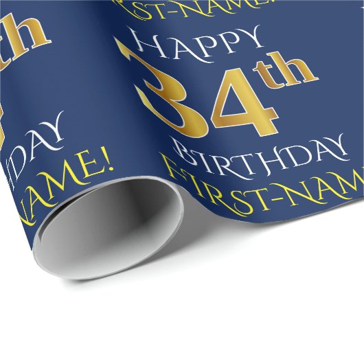 Blauw, Faux Gold "HAPPY 34th BIRTHDAY" Cadeaupapier (Rol Hoek)