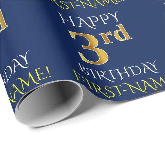 Blauw, Faux Gold "HAPPY 3rd BIRTHDAY" Cadeaupapier (Rol Hoek)