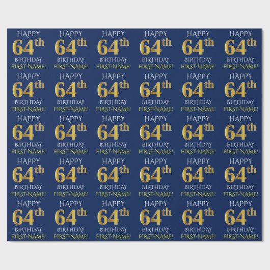 Blauw, Faux Gold "HAPPY 64th BIRTHDAY" Cadeaupapier (Vlak)