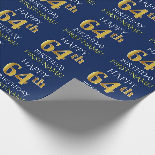 Blauw, Faux Gold "HAPPY 64th BIRTHDAY" Cadeaupapier (Hoek)