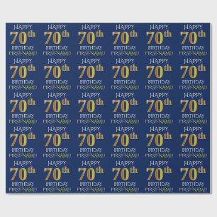 Blauw, Faux Gold "HAPPY 70th BIRTHDAY" Cadeaupapier