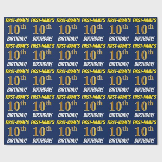 Blauw, Faux/Imitation Gold, "10th BIRTHDAY" Cadeaupapier (Vlak)