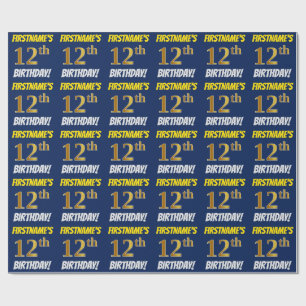 Blauw, Faux/Imitation Gold, "12th BIRTHDAY" Cadeaupapier