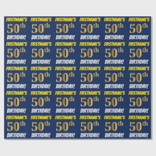 Blauw, Faux/Imitation Gold, "50th BIRTHDAY" Cadeaupapier