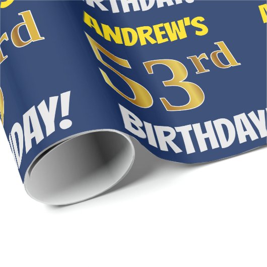 Blauw, Faux/Imitation Gold, "53rd BIRTHDAY" Cadeaupapier (Rol Hoek)