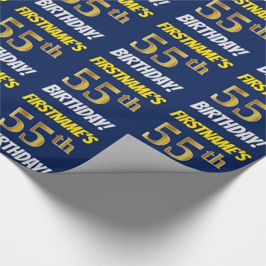 Blauw, Faux/Imitation Gold, "55th BIRTHDAY" Cadeaupapier (Hoek)