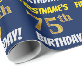 Blauw, Faux/Imitation Gold, "75th BIRTHDAY" Cadeaupapier (Rol Hoek)