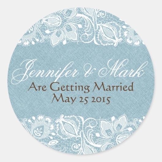 Blauw Faux Linnen Burlap & Wit Bloemen Kant Ronde Sticker (Voorkant)