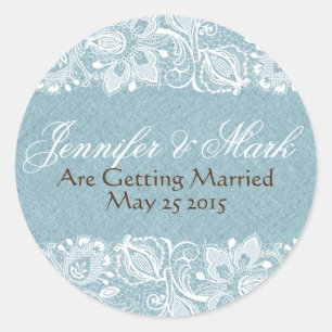 Blauw Faux Linnen Burlap & Wit Bloemen Kant Ronde Sticker