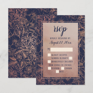 Blauw   Faux Roos Gold  Roos Floral RSVP Kaartje