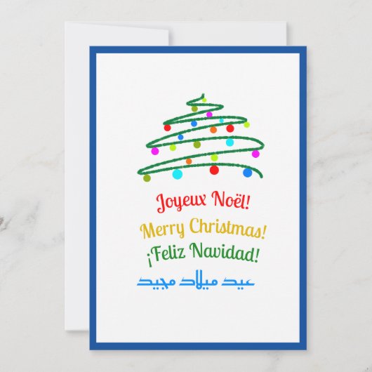 Blauw Feestelijke Meertalige Vrolijk Kerstfeest en Feestdagenkaart (Voorkant)