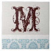 Blauw filigraan Damask Monogram Display Tegel Tegeltje (Voorkant)