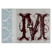 Blauw filigraan Damast Monogram glas snijplank (Voorkant)