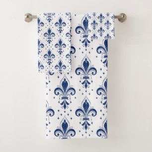 Blauw fleur-de-lis naadloos patroon op wit bad handdoek