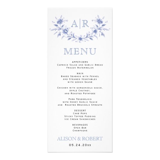 Blauw floraal lijst met monogram bruiloft menukaar reclamekaart (Voorkant)