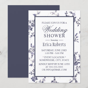  blauw-Floral Elegant Wedding Shower Kaart