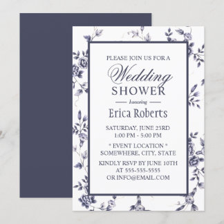 blauw-Floral Elegant Wedding Shower Kaart