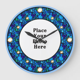 Blauw Floral Lijst Uw fotowandklok Grote Klok