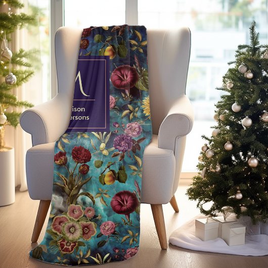  blauw Floral monogram Fleece Deken
