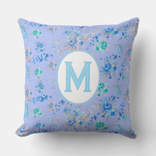  Blauw Floral Monogram Kussen (Voorkant)