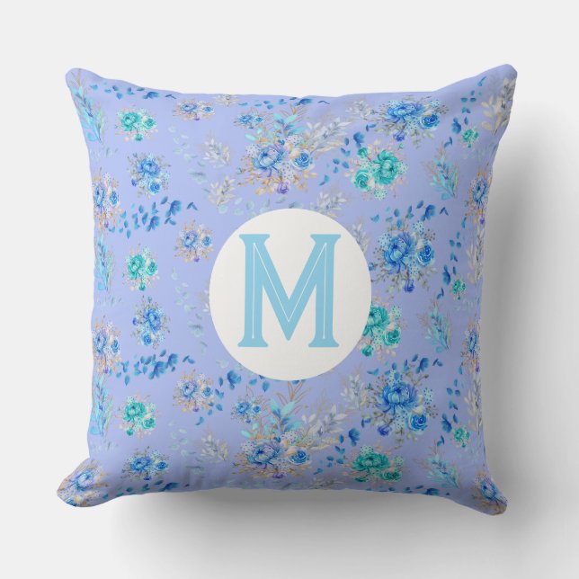  Blauw Floral Monogram Kussen (Voorkant)